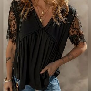 Black eyelash lace sleeve, v neck shirt